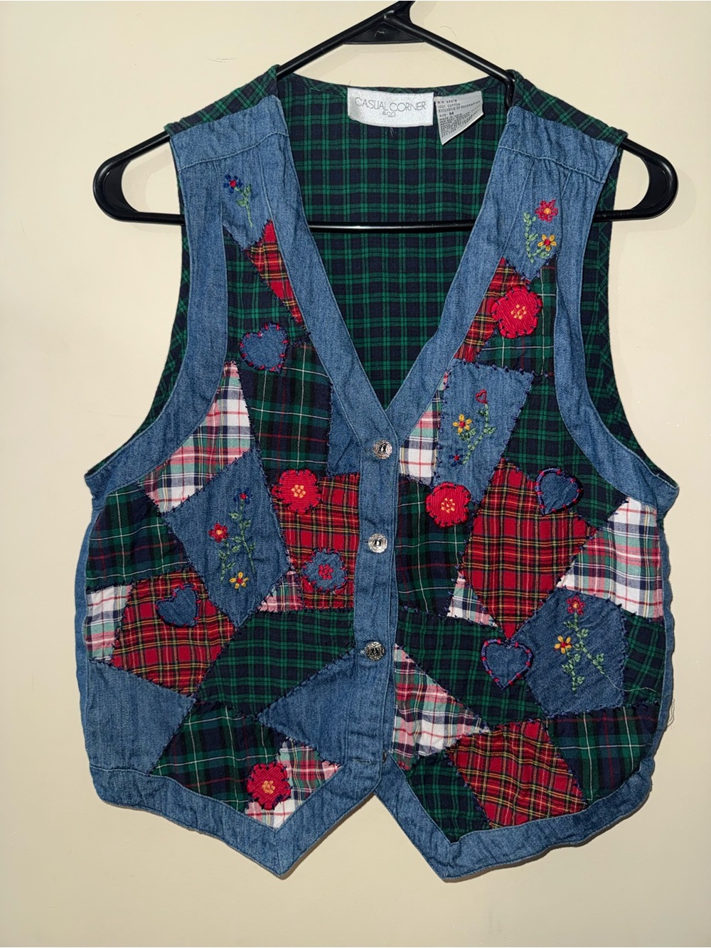 Casual Corner Patchwork Plaid & Denim women’s Vest with Floral Embroidery